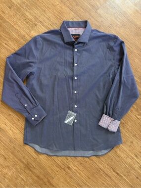NWT Egara Men's Slim Fit Stretch Button Down Shirt XL Navy Blue Birds Eye